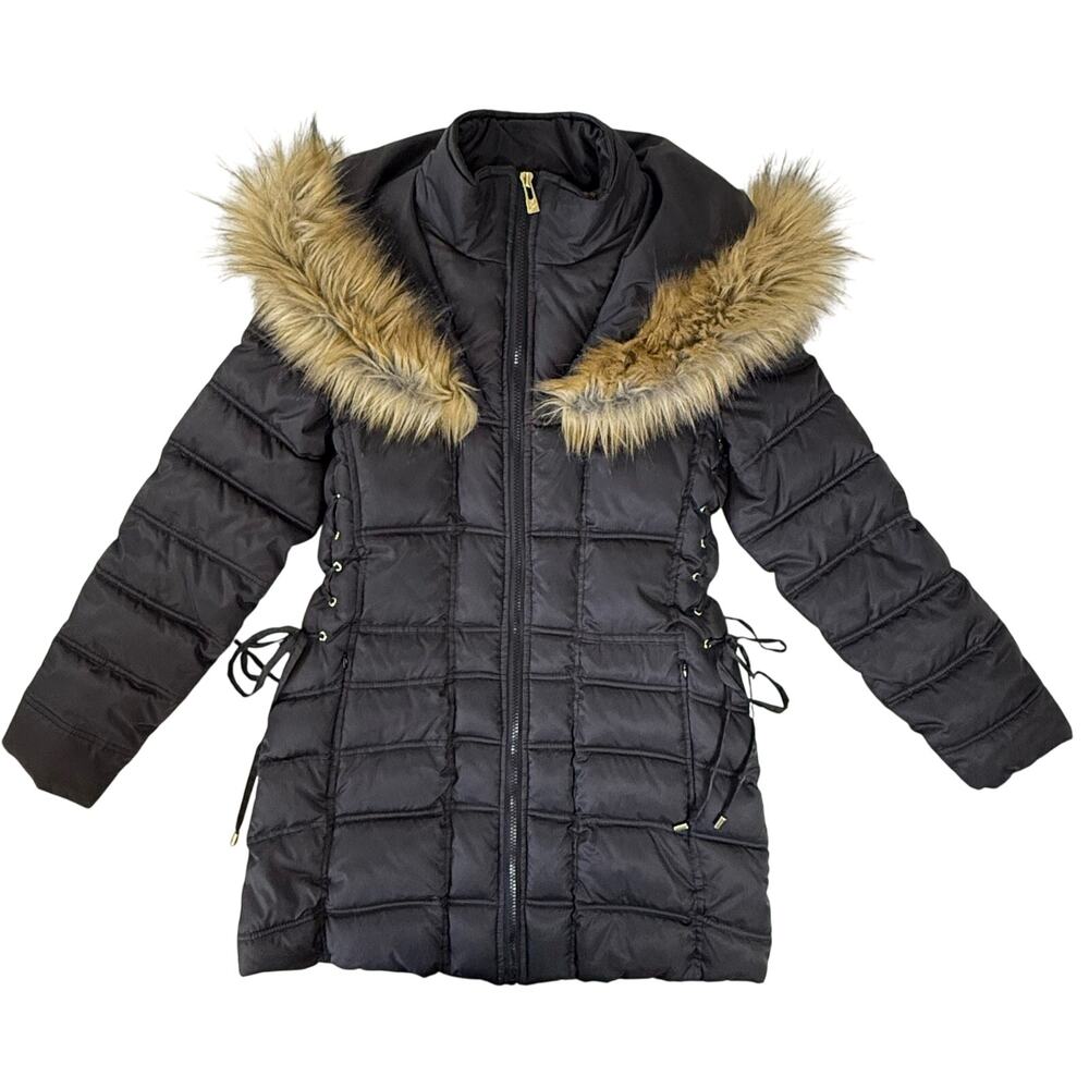 BETSEY JOHNSON Sz Small Puffer Coat Mid Length Lace Up Sides Faux Fur Trim Hood